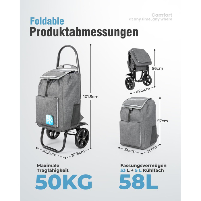 Складаний візок для покупок Homecall 50L з охолодженням, 3-в-1: візок, сумка-тележка, рюкзак (темно-сірий)