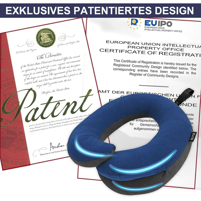 Подушка для шиї у подорожах Buyue для літаків, 360° обертання, підтримка голови, комплект з маскою для сну та берушами (для дорослих, до 45 кг) (Синьо-сірий, маленький)