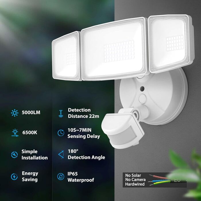Onforu LED Floodlight with Motion Sensor Outdoor 55W, 5000 LM LED Floodlight, Outdoor Spotlight with Adjustable 3 Heads, 6500 K Cold White Spotlight, IP65 Waterproof Floodlight for Garage, Garden, Yard (White)