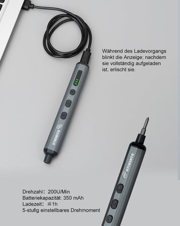 Міні-шуруповерт STREBITO 70-в-1: комплект з 64 бітами, 5 режимів крутного моменту, LED-підсвічуванням, сірий