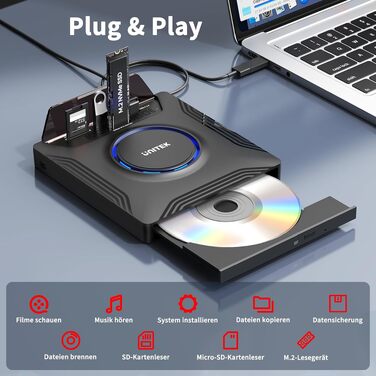 Зовнішній CD/DVD привід UNITEK USB-C, портативний DVD-плеєр з картридером SD, USB 3.0 Hub та CD-ROM записником для ноутбуків, ПК, Windows, Linux, macOS (чорний)