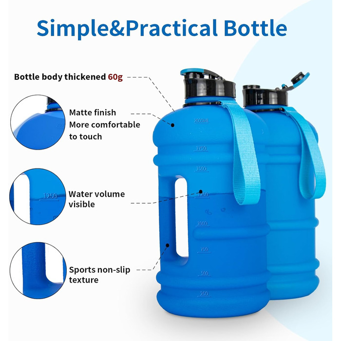 TOOFEEL Water Bottle 2L - 2 Liter Water Bottle BPA Free, Large Bottle, Reusable Sports Water Bottle with Marked Measurements, Gym Water Bottle - (Matte Dark Blue, 1893 ml)