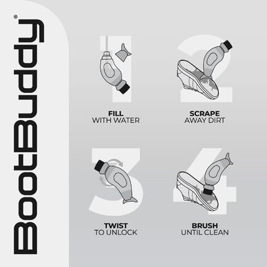 The Boot Buddy: Simple and efficient cleaning of dirty boots, shoes, and other outdoor gear. Cleans soccer, rugby, hiking boots, golf shoes, rain boots, and more in just minutes.