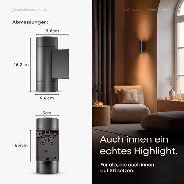 LED-стінна лампа для дому в скандинавському стилі, Aussen & Innen, регулювання яскравості, IP65, 230V, 6W, тепле біле світло 3000K, 700lm, зовнішня лампа на стіну, зовнішня лампа, внутрішня лампа, зовнішнє освітлення фасаду, настінна лампа (серія Wg, Антр