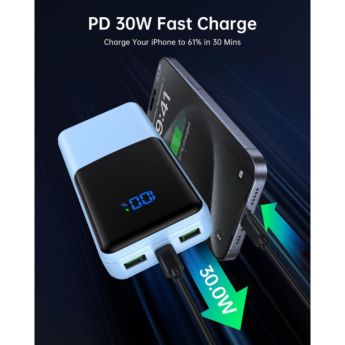 Power Bank Coblob 27000mAh з LED дисплеєм, 3 виходи та 2 входи, USB-C 30W, блакитний