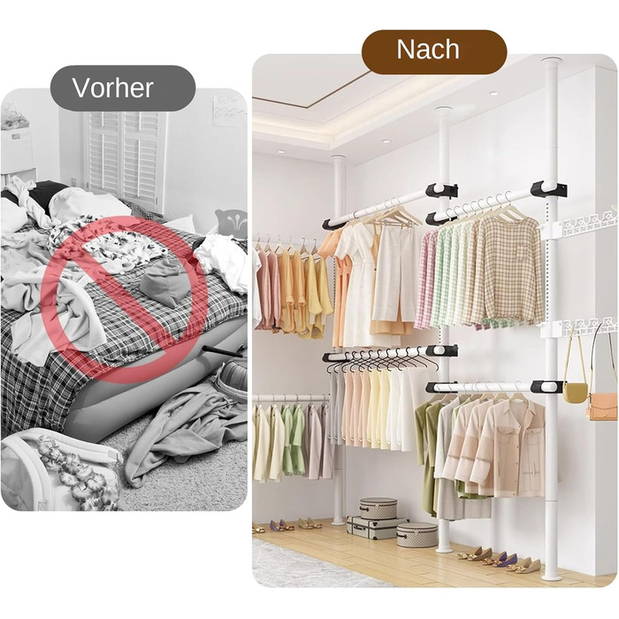 Телескопічна система для гардеробу, штанга для одягу зі 6 штангами, телескопічна шафа для одягу з 2 гачками, регульована полиця 110-300 см, для дому та магазину одягу, білий