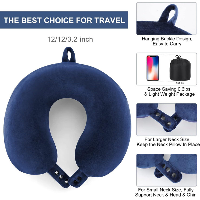 Подушка для шиї TALLGO з піною з пам'яті: зручна, регульована, для подорожей (літак, авто, дім), блакитна