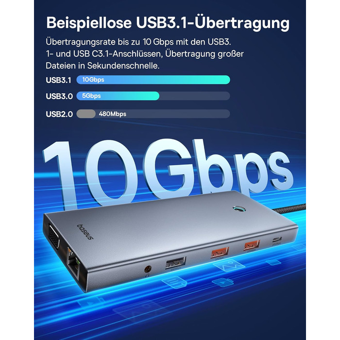 Док-станція Baseus USB-C для 3 моніторів: 13-в-1 хаб з HDMI 4K@60Hz, DisplayPort 4K@120Hz, VGA, USB 3.1 10 Gbps, PD 100W та Ethernet (сумісна з Dell/HP/Lenovo/Surface)