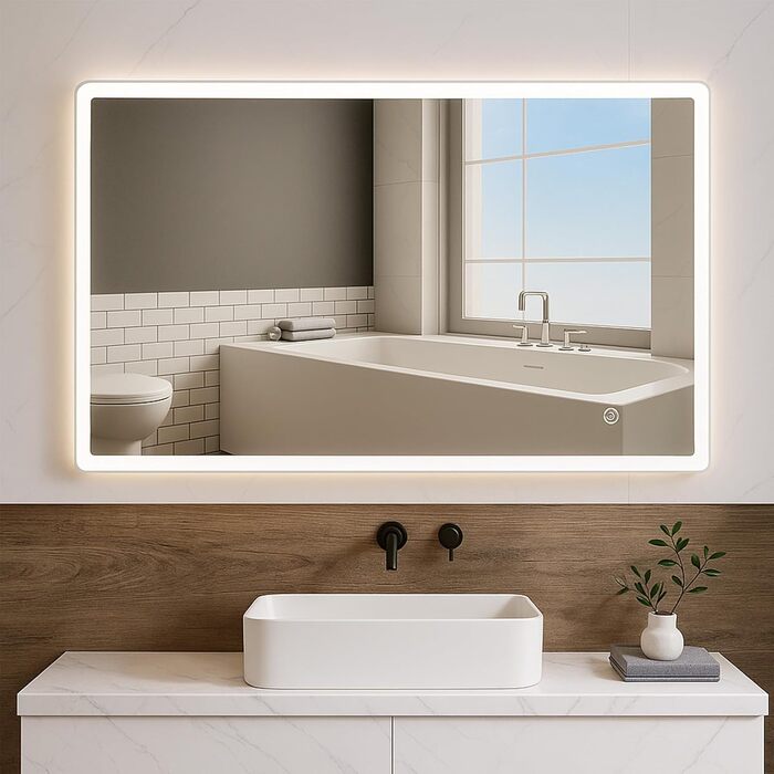 Дзеркало для ванної кімнати з підсвічуванням 70x50 см | LED дзеркало | IP54 вологостійке | Сенсорне управління | Настінне дзеркало | Горизонтальна/Вертикальна установка 6500K холодне біле світло
