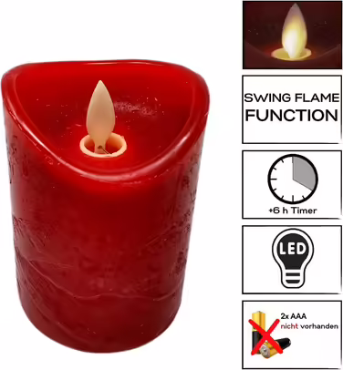 ToCi LED Candles Red Ø 7.5 x 15 cm - Set of 4 flameless real wax candles - with moving flame and timer - Advent candles, grave candles