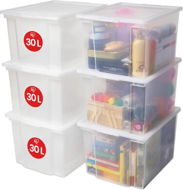 Iris Ohyama 30L Plastic Storage Boxes with Lid, 6 Large Stackable Boxes, BPA-Free, Laundry, Office, USB-M, Transparent - L42 x W35.5 x H26.5 cm