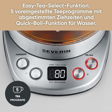 Електричний чайник Severin WK 3480 з регулюванням температури та 5 програмами заварювання, 1.7 л, 3000 Вт, нержавіюча сталь