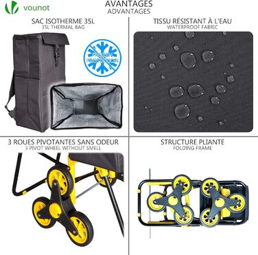 VOUNOT Shopping Cart with Stairs Climber, Cooler Compartment & Folding Seat - 3-Wheel Folding Grocery Cart (40L)