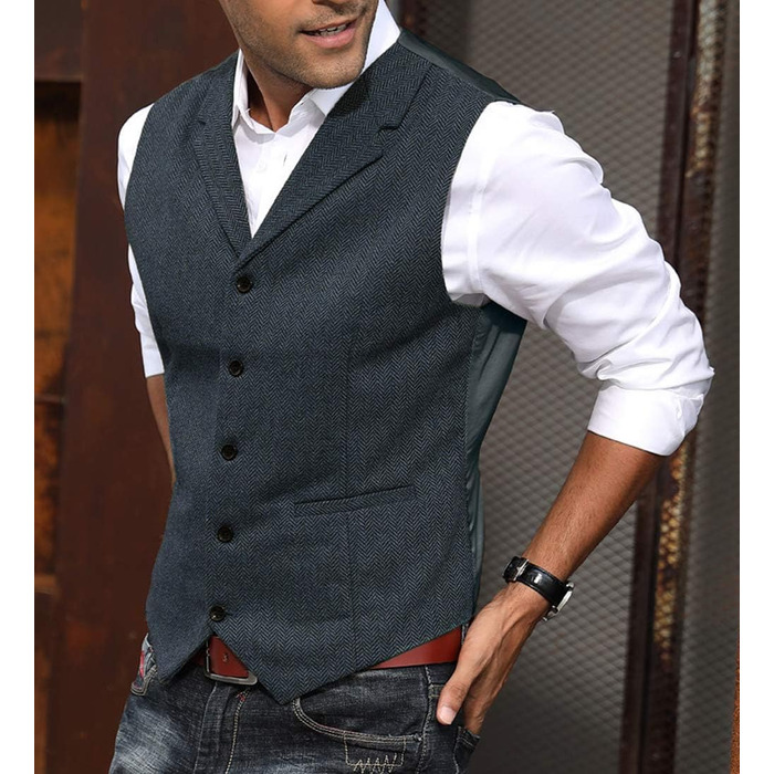 Жилет чоловічий Paul Jones з візерунком 'риб'яча перетинка', твід, вузький комір, приталений крій, розмір XL, A-navy блакитний