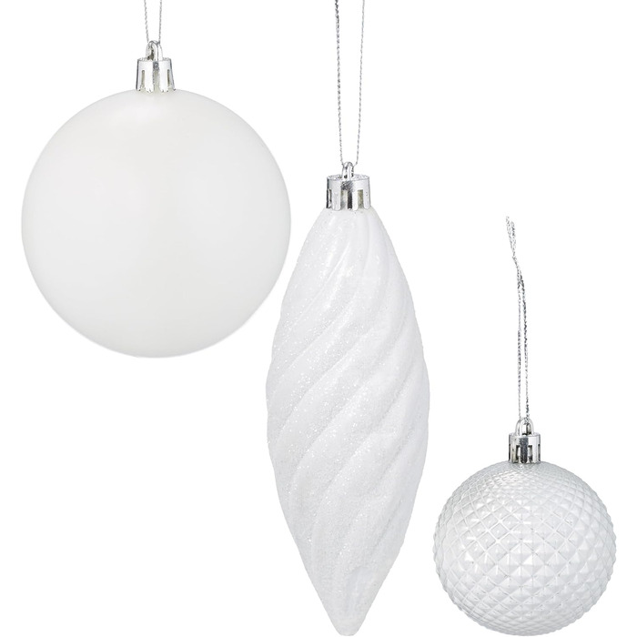 Набір прикрас для ялинки Relaxdays 110 шт. (пластик) - кулі, мішура та інше. Новорічний декор для ялинки, білий