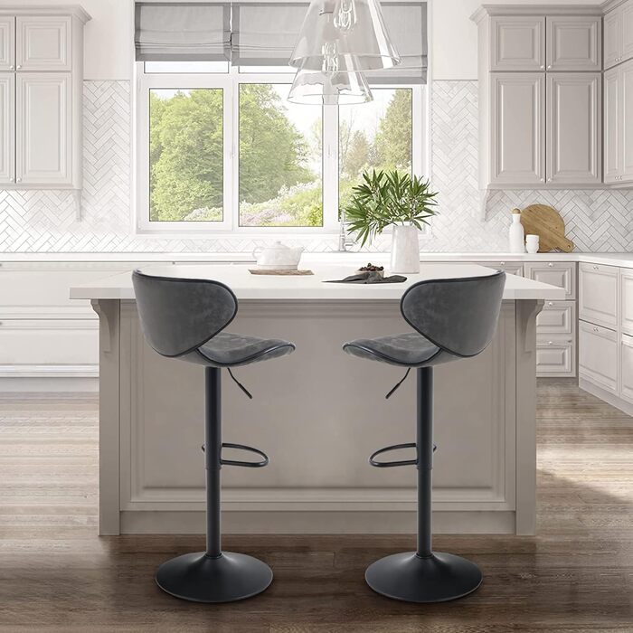 ALPHA HOME 2-Piece Bar Stool Set with Backrest and Footrest - Adjustable Swivel Gas Lift PU Leather Kitchen Bar Stools for Counter, Kitchen & Home (Gray)
