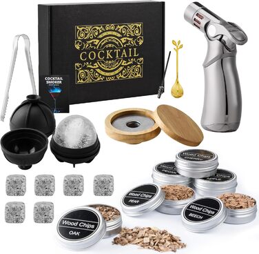 Набір для копчення віскі – Old Fashioned Cocktail Geschenkset: 6 дерев'яних чіпсів, 4 гранітні камені, запальник та аксесуари для любителів віскі та коктейлів (без бутану)
