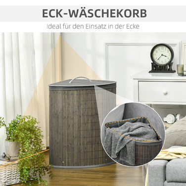 HOMCOM Rectangular Bamboo Laundry Basket 55L with Lid and Removable Bag 38 x 38 x 57 cm Grey | Aosom