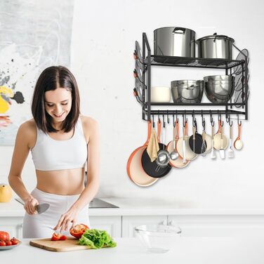 Hanging Pot Rack, 2 Tiers, Pots and Pans Organizer, Wall Mount, with 20 Hooks and 6 Lid Holders, Sturdy Steel Pot and Pan Hanger for Kitchen, Cookware, Utensils