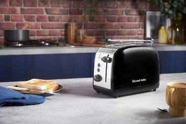 Тостер Russell Hobbs Colours Plus на 2 тости, нержавіюча сталь, чорний, з широкими відділеннями, підставкою для булочок, 6 режимів підсмажування, функцією розморожування, Lift & Look, 1600 Вт (26550-56)