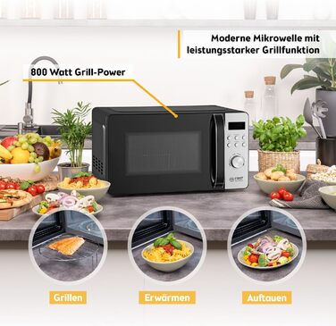 Мікрохвильова піч з грилем TZS First Austria 20L - 2-в-1, 700/800W, 8 програм, LED-дисплей, нержавіюча сталь, захист від дітей, чорний