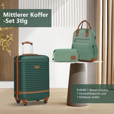 COOLIFE Luggage Suitcase Travel Suitcase with ABS Hard Shell, 4 Spinner Wheels, TSA Lock. The suitcase includes 1 Travel Backpack and 1 Toiletry Bag (White/Brown, Large 3-Piece Suitcase Set) (Medium 3-Piece Suitcase Set, Dark Green/Brown)