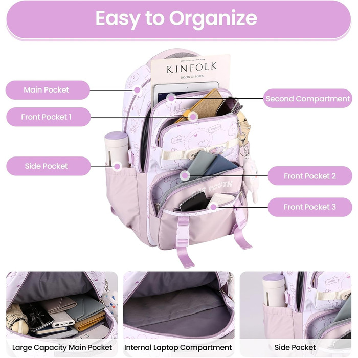 Дитячий рюкзак IvyH для дівчаток: водонепроникний, велика місткість, 2-6 клас, для школи, гімназії, університету, фіолетовий