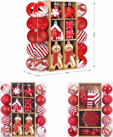 Набір прикрас на ялинку Shareconn 65 шт. - пластикові кулі, міцні, різні розміри та кольори (червоний та білий)