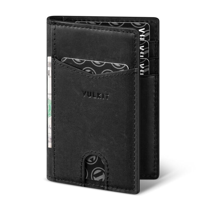 Чоловічий шкіряний картхолдер VULKIT з RFID захистом, чорний - Slim Wallet для 10 карт