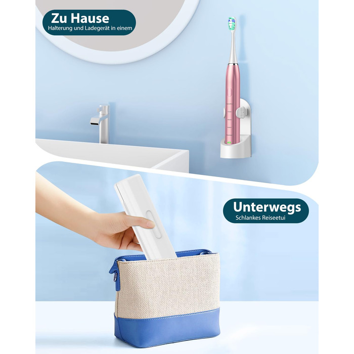 Електрична звукова зубна щітка для дорослих Roségold з відбілюючим ефектом - 8 насадок, 5 режимів, кейс для подорожей та зарядний пристрій