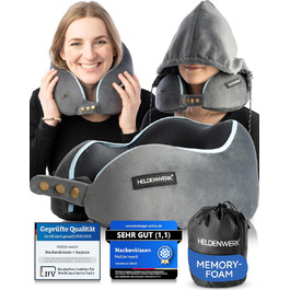 Подушка для шиї Comfy від HELDENWERK для подорожей: Memory Foam, 6-позиційне регулювання, для автомобіля та літака, дихаюча, миється, сірий