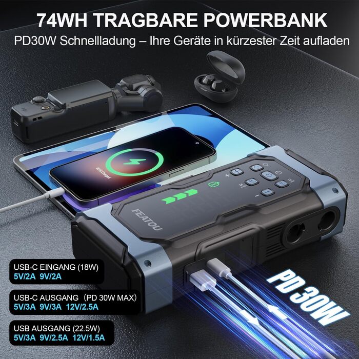 Powerbank для автомобіля Starthilfe 7000A з компресором 150PSI, 12V, до 10L дизеля, QC3.0, LCD, ліхтарик