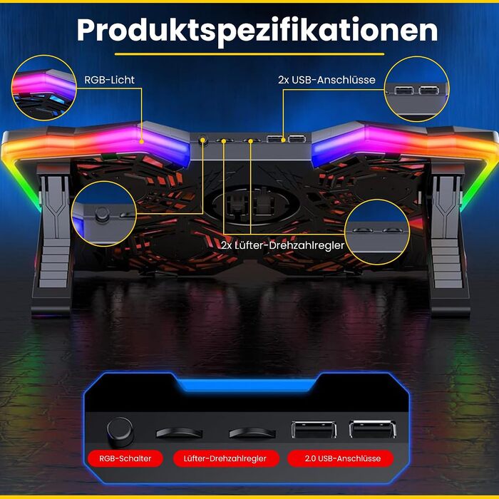 Охолоджувач для ноутбука Offgridtec K25 Pro: підставка з 4 тихими вентиляторами (1100 об/хв), 2 USB-порти, регулювання висоти, ергономічний дизайн для ігрових ноутбуків та консолей 10-17 дюймів, червоний