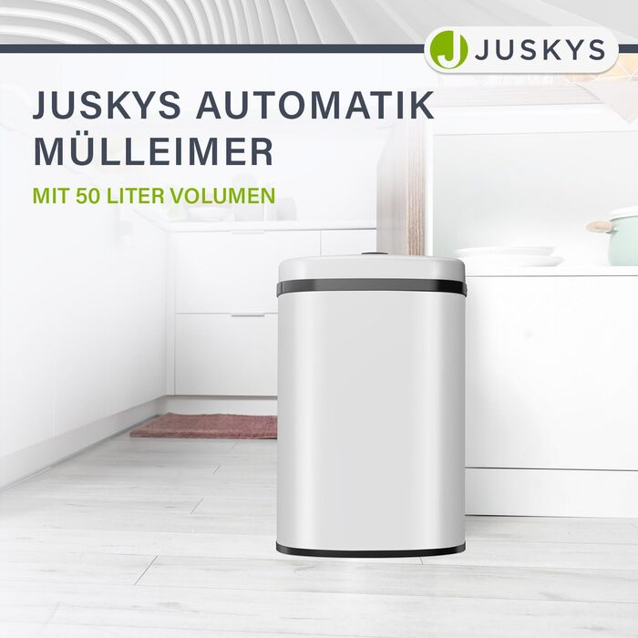 Відро для сміття Juskys з датчиком руху, 60 л, білий. Кутовий контейнер з кришкою-затискачем для сміттєвих пакетів, нержавіюча сталь, безконтактне відкривання