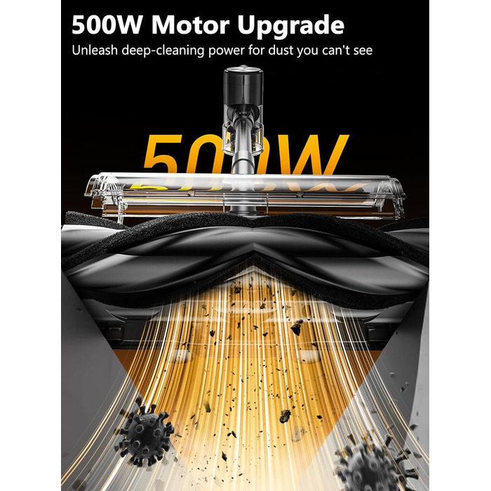 Бездротовий акумуляторний пилосос 48KPa/500W/55хв з док-станцією, LED-дисплеєм та антизаплутаною насадкою для тварин, килимів, твердих поверхонь та авто, глибокий чорний колір