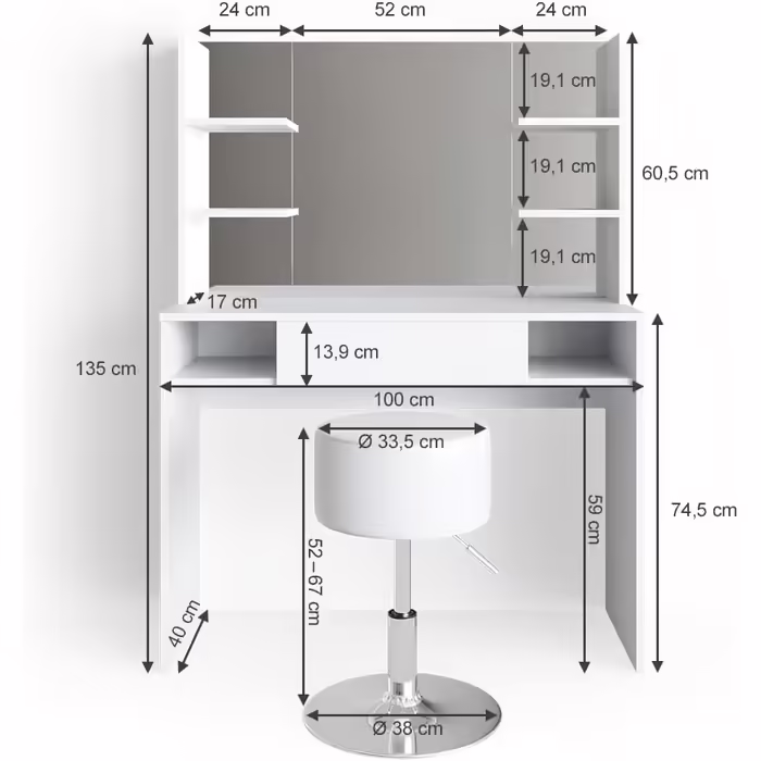 Vicco Vanity Table Daenerys, Dressing Table White, 100 cm White (White, with mirror & stool)