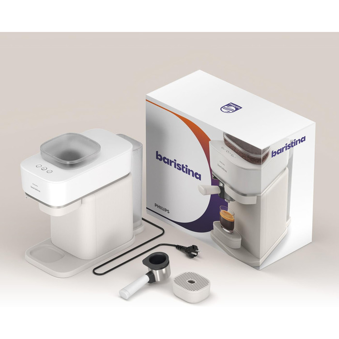 Philips Baristina Espresso Machine - Real Espresso made simple. Compact coffee machine - Naturweiß (off-white) with white portafilter - 16-bar pump pressure - automatic grinder - Cafe Crema (BAR300/00)