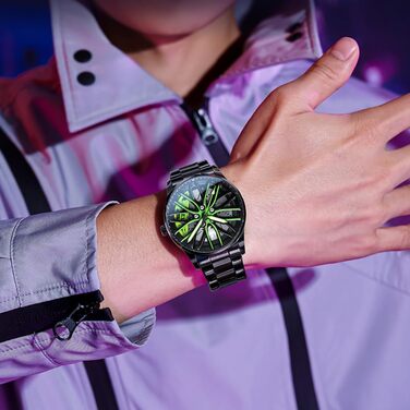 Чоловічий годинник OLEVS 9937 Кварцовий зі спортивним дизайном (диск колеса), сталь, водонепроникний, підсвічування, зелений