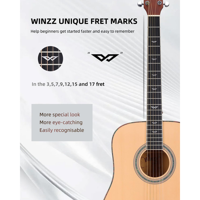Акустична гітара Winzz 4/4 для початківців, 41 дюйм з чохлом, тюнером, ремінком, медіатором, запасним струною та підставкою (натуральний колір)