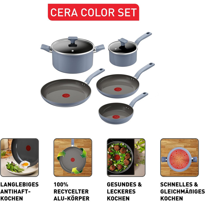 Набір посуду Tefal CERA BRIGHT ON 7 предметів: сковорідки 20/24/28 см, каструля 16 см, каструля 24 см + кришки. Керамічне антипригарне покриття, алюмінієвий корпус, індикатор нагріву Thermo-Signal, для всіх типів плит, бежевий (блакитний)