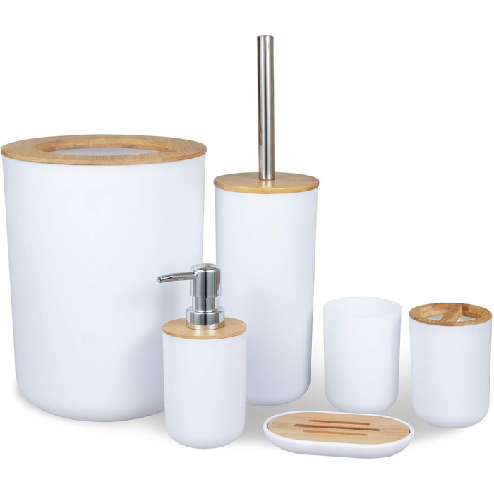 Набір для ванної кімнати MisFox з бамбука (6 предметів): дозатор для лосьйону, сміттєвий контейнер, тримач для зубних щіток, стаканчик для зубної пасти, щітка для туалету, мильниця (білий)