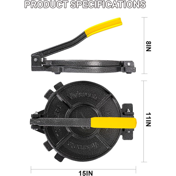 Пресс для тортилій Vivicreate з чавуну, 25,4 см. Прес для тіста, прес для тортилій з антиковзким покриттям, сірий (жовтий)