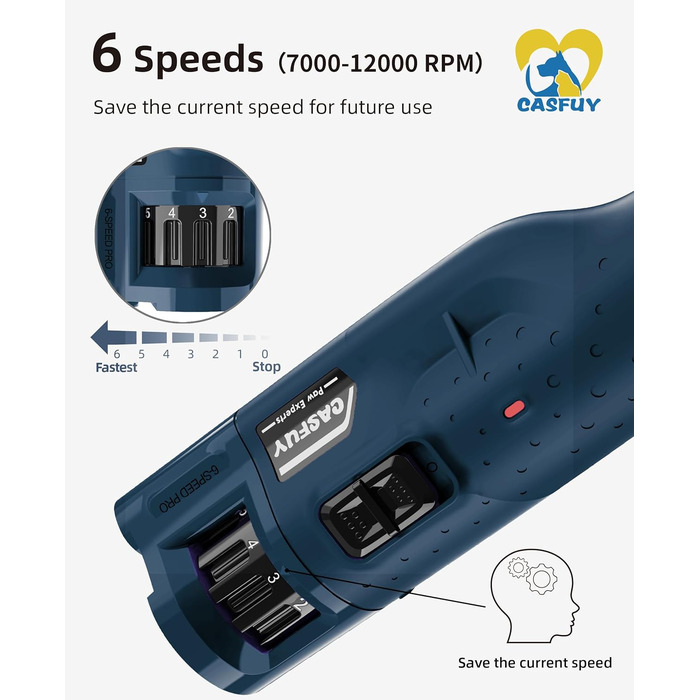 Електричний точилка для кігтів собак Casfuy - 6 режимів, 45 дБ, з LED-підсвіткою, для великих, середніх та малих порід, з захистом від пилу (білий/блакитний)
