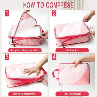 Набір органайзерів для валізи AiQInu: 5 шт. з компресією, мішки для білизни та взуття, рожевий