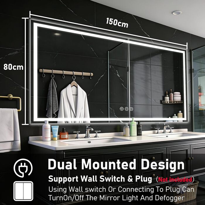 Дзеркало для ванної кімнати 50x70 см з підсвічуванням LED, антизапарник, диммер, 3 кольори світла