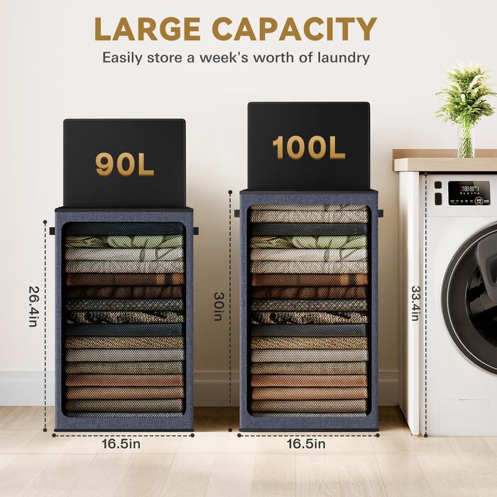 SOLEDI 100L Laundry Basket, Laundry Hamper with Lid and Laundry Bag - Large Laundry Sorter for Bathroom, Bedroom, Laundry Room, Children's Room