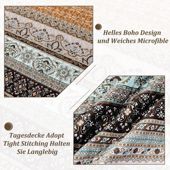 WONGS BEDDING Quilt Cover 220x240 Bedspread Bohemian Throw Blanket Stepped Quilt 3-Piece Double Bed Quilted Blanket Microfiber Living Blanket with 2 Pillowcases 50x70 for Bedroom as Sofa Cover (Bohemian) (220x240 cm, Brown)