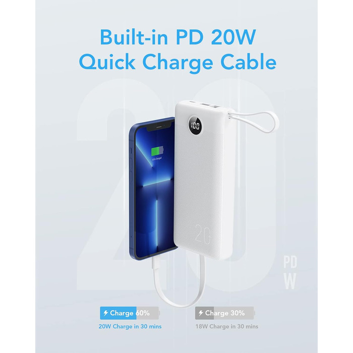Power Bank VRURC 20000mAh з LED дисплеєм: швидка зарядка 22,5W, USB-C, для iPhone, Huawei, Samsung