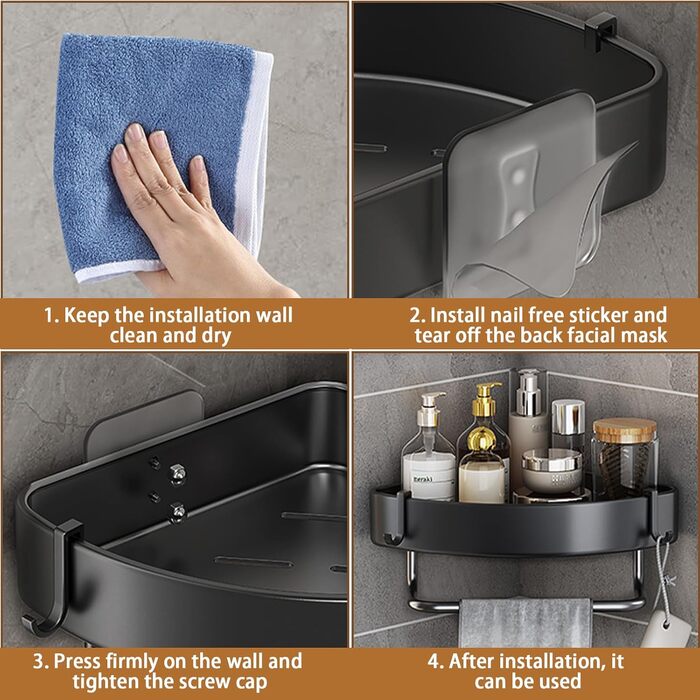 Поличка для душу з 2 рівнями, кутова, без свердління, з нержавіючої сталі, з тримачем для рушників та 2 гачками, чорна, для ванної, кухні, туалету