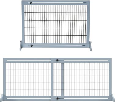 PawHut Wooden Pet Gate - Extendable Dog Barrier with Footrest, Freestanding Baby/Pet Gate, Stairway Gate, Fireplace/Oven Gate, Gray Blue, 104-183 x 36 x 69 cm